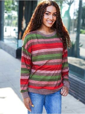 EUC Haptics Olive & Mauve Stripe Two-Tone Banded Sweater Top